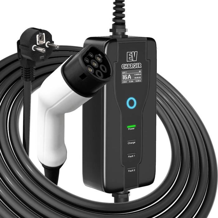 Cable Recharge Type 2 Chargeur EV Type 1 EVPEIWE - Câble Schuko 16A 3.68kW 5m - Écran LCD, Réglage Courant 6-16A - IP65 Pour Voitures Électriques Station Charge Portable VE
