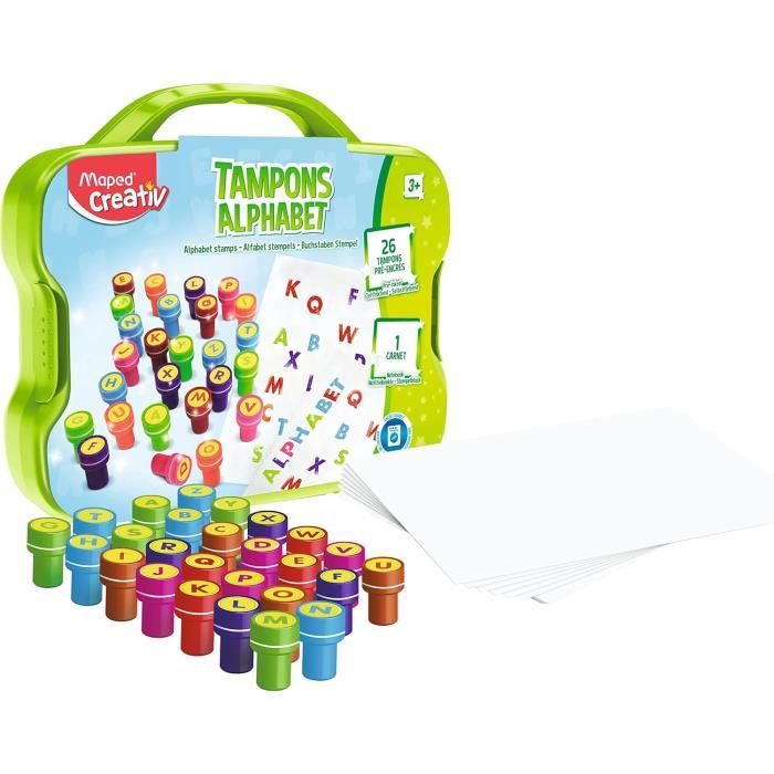 Maped Creativ Lettres Et Animaux – Coffret Tampons Éducatif 52 Pièces + Feutres Lavables, Dès 3 Ans (J41577, Multicolore)