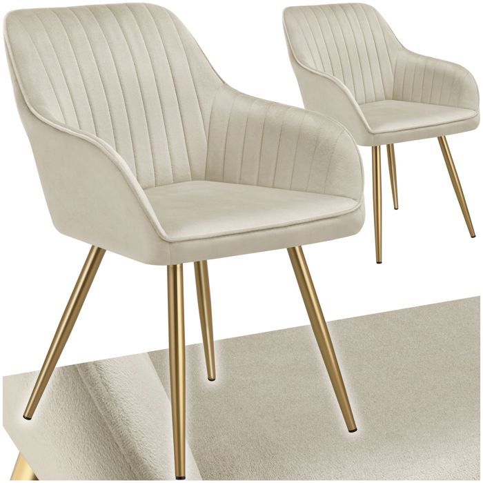 Chaises - TECTAKE - Lot de 2 fauteuils de salle à manger MARYLIN aspect velours et matelassé avec pieds en acier doré - Crème/Or