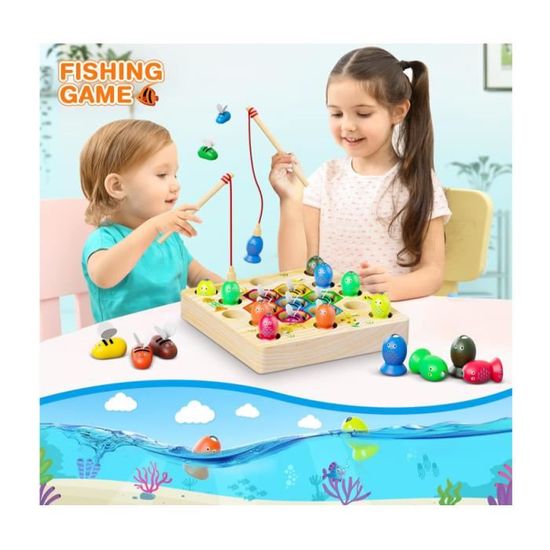 Jeu De Pêche Magnétique En Bois Montessori - 10 Poissons Et 2 Cannes, Jouet Éducatif Enfant 3 Ans+