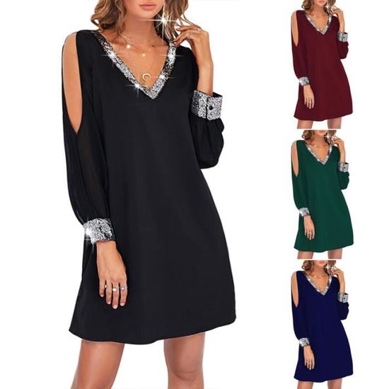 Femmes Col V Robe Tunique Elegant Plage Soiree Fete Cocktail Mini Robe Bleu fonce Cdiscount Pret a Porter