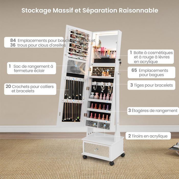 GOPLUS Armoire à Bijoux Verrouillable 120 Cm Avec Miroir Pleine Longueur + LED 3 Couleurs - Blanc