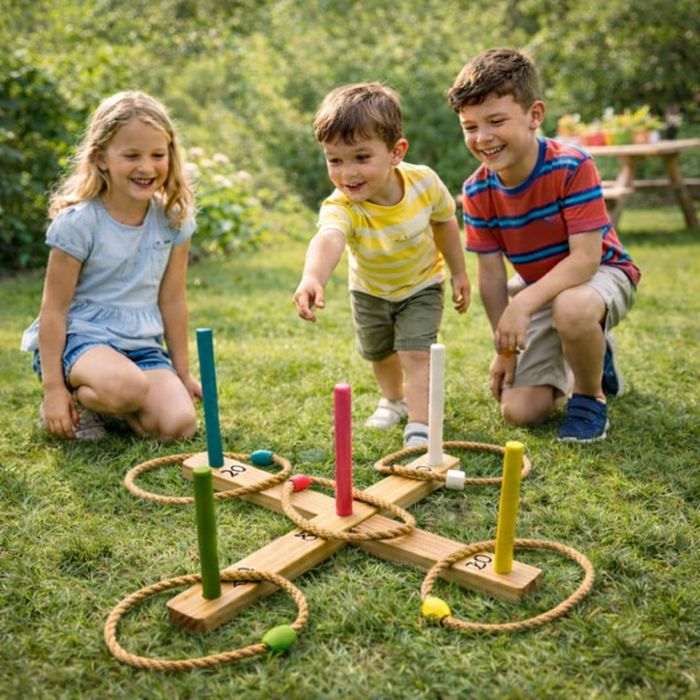 Jeu de Lancer d'Anneaux - SHOP-STORY - Bois - 5 Piquets Colorés - 5 Anneaux en Corde - 3 ans et