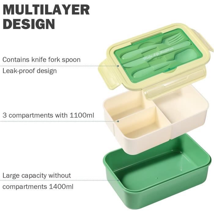Lunch box avec 3 compartiments et Vaisselle 1400 ml,bento étanche