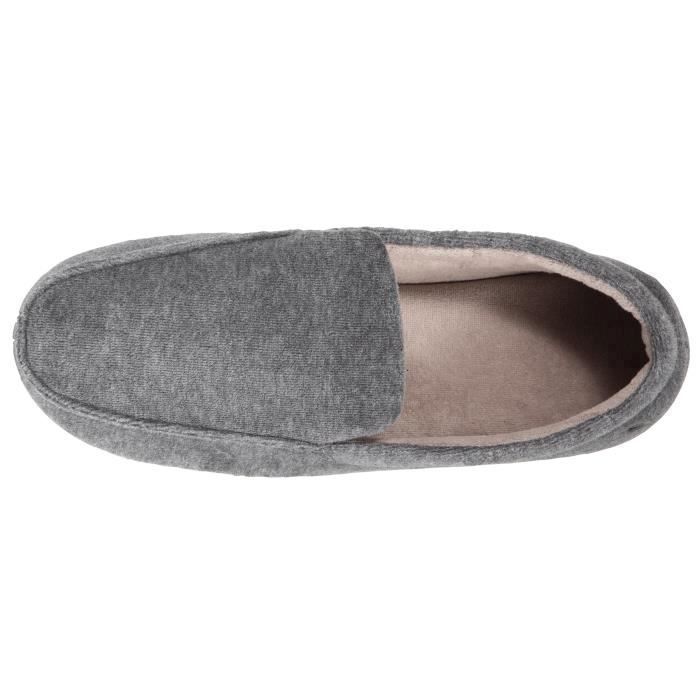 Chaussons Isotoner pour homme en velours gris chin avec semelle
