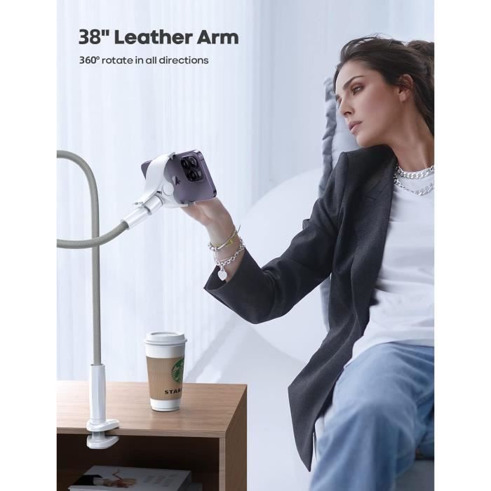 Support de tablette col de cygne avec 2 supports réglables à 360° pour bureau, lit, chevet, téléphone pour enregistrement vidéo, compatible avec iPad Pro 12.9, iPad Air, Switch, toutes les tablettes