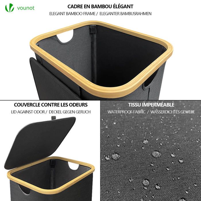 Panier à Linge 100L Avec Couvercle - Noir Étroit - Sac Amovible Lavable