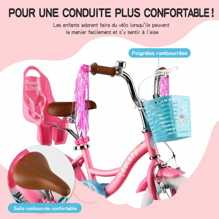 Vélo Enfant 12/14/16 Pouces – Cadre Acier, Freins Avant/arrière, Roues Stabilisatrices, Panier, 2 à 8 Ans