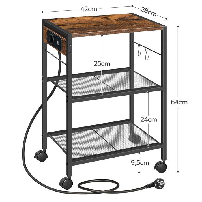 Support D’imprimante Réglable En Hauteur Avec Roulettes - En Métal Et Bois, 2 étages, Station De Charge Intégrée - 2