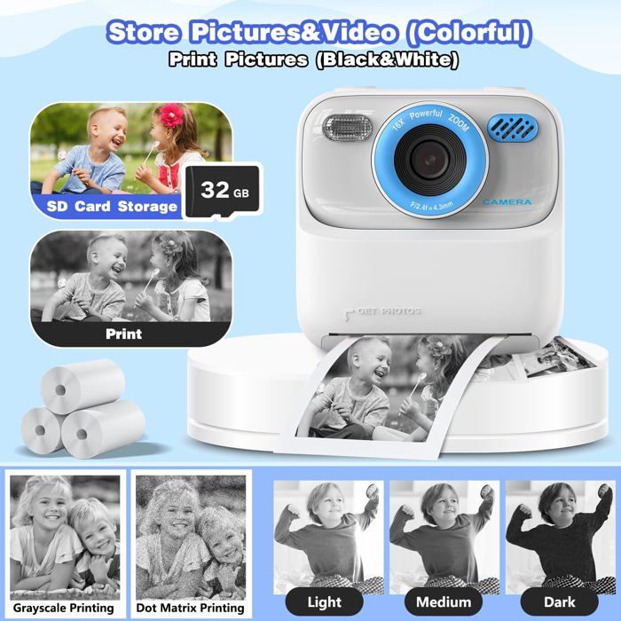 Appareil Photo Numérique Enfant 1080p – Impression Thermique Instantanée, écran 2,4”, 32 Go, Musique Et Jeux – Cadeau 3-12 Ans (bleu)