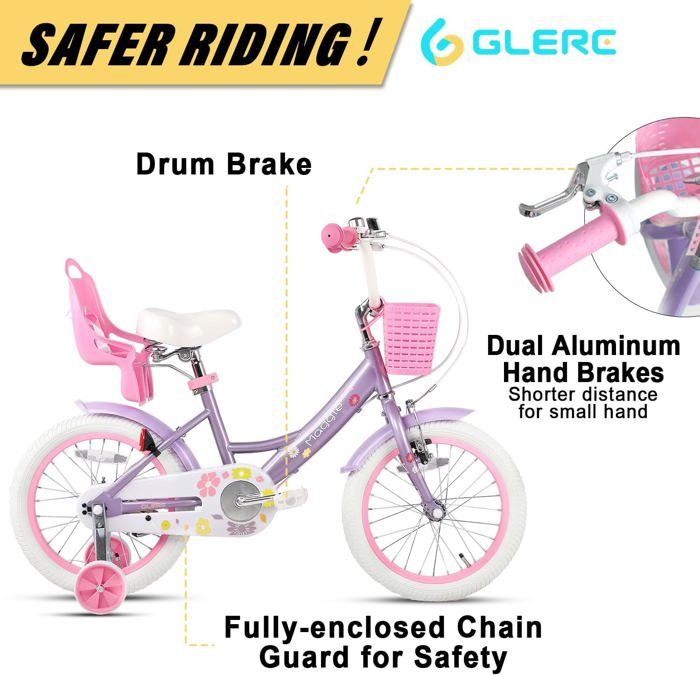 ROMYIX Vélo Enfant 14 Pouces Fille 3-7 Ans - Violet Avec Roues Stabilisatrices, Panier Et Kit Sécurité