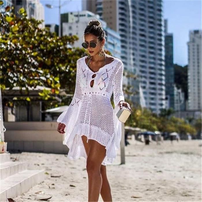 Robes de Plage Femme Mini Robes Grande Taille Tunique Pull Col V Kimono Boheme Mode Bikini Cover Up Crochet blanc Blanc Cdiscount Pret a Porter