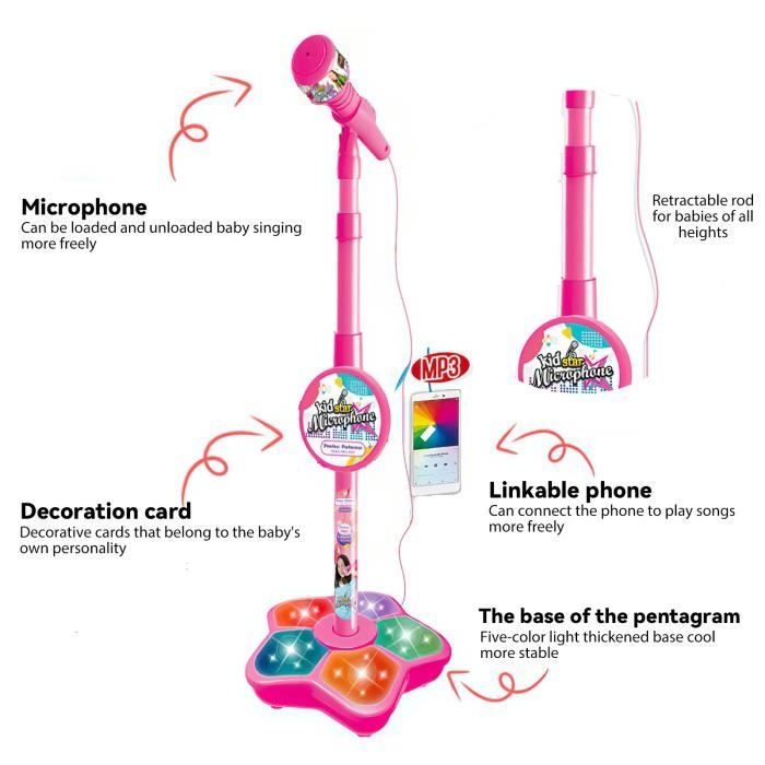 Microphone Sur Pied Avec Support Pour Enfant – Karaoké Lumineux, Compatible MP3 – Cadeau Fille/garçon
