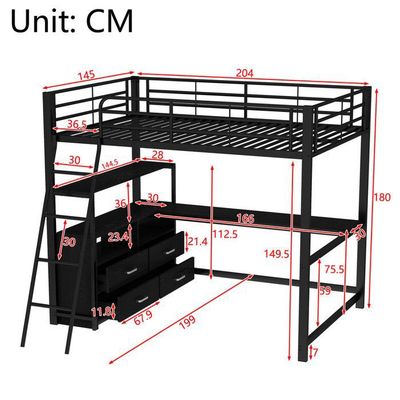 Mezzanine Métal Noire Avec Lit Et Bureau Intégrés - 140x200 Cm - Occasion