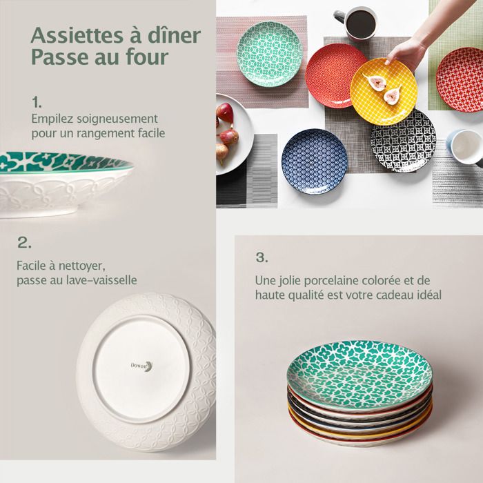 Assiettes 21.6cm Design Relief Assiettes à Salade En Porcelaine 21,6cm - Bleu Vintage - Motifs Uniques - Micro-ondes Et Lave-vaisselle Safe