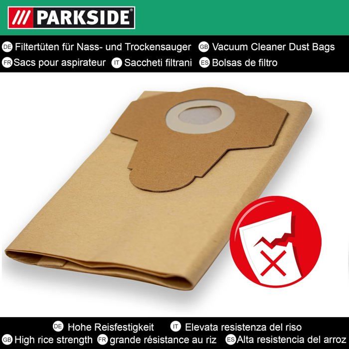 Lot De 5 Sacs Filtrants Pour Aspirateur Parkside PNTS 1300, PWD 12 A1 | 20L Haute Résistance