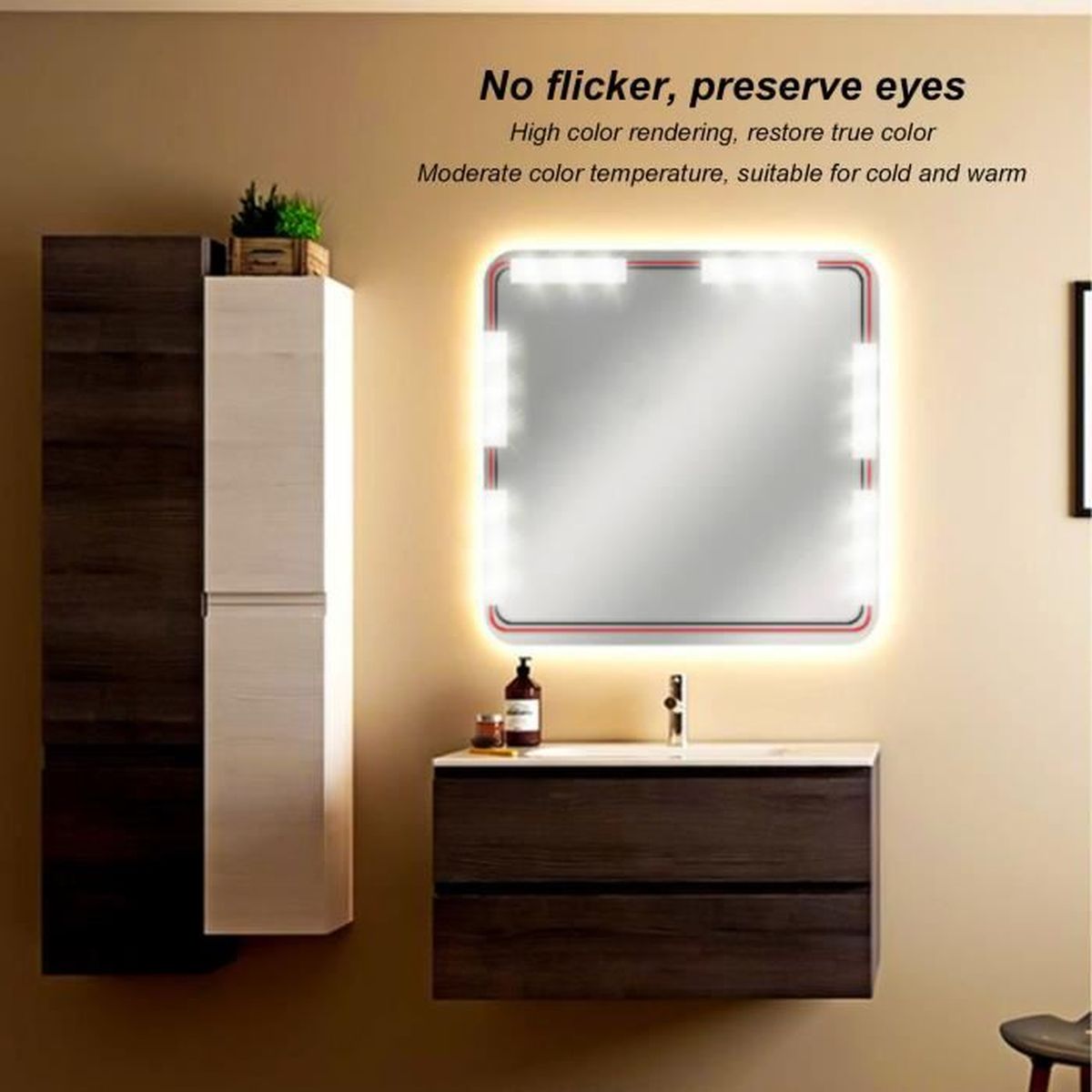 Miroir De Maquillage Carré Rechargeable USB – Lumière LED Réglable – Clip Pour Fixation – Portable Pour Voyage