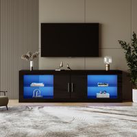 Meuble TV Contemporain à éclairage LED, Etagère en Verre, 2 Portes Brillantes, Table Basse Salon Noir, 140x35x50cm