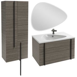 MEUBLE VASQUE - PLAN Meuble lavabo simple vasque 80 cm JACOB DELAFON Nouvelle Vague chene tranché + colonne de salle de bain 2 portes + miroir