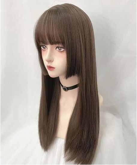 Perruque Longue Brune Lisse Avec Frange - Synthétique - Taille Moyenne - Bonnet Inclus - Neuf Sans étiquettes