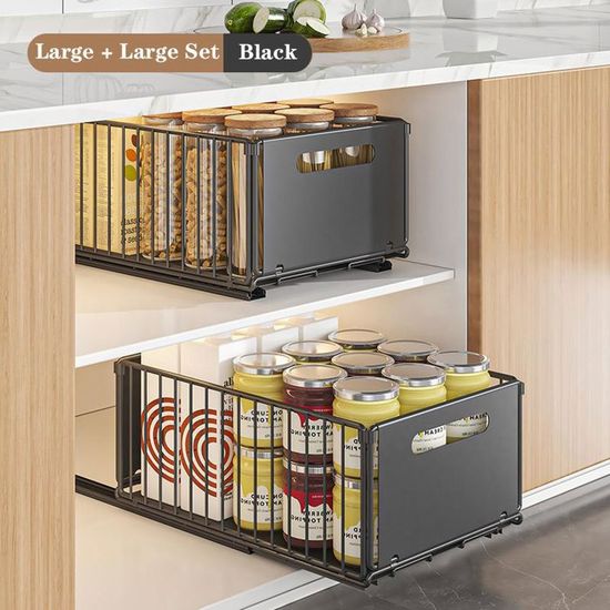 Tiroir Coulissant Pour Armoire De Cuisine - 25x43x7 Cm, Noir, Sans Percage (Adhésif Double Face)