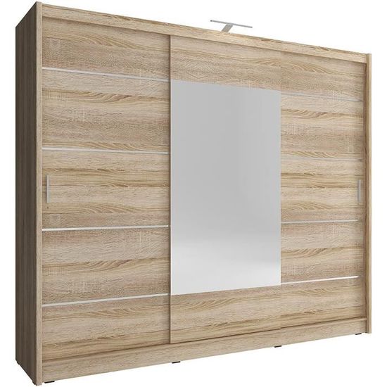 Armoire de Chambre avec 3 Portes coulissantes | Armoire avec Miroir | Penderie (Tringle) avec étagères + LED | Style Contempo 359