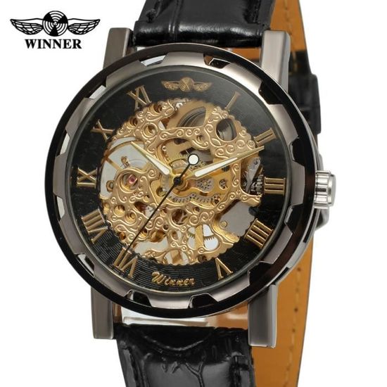 Montre Squelette Steampunk Mécanique à Remontage Manuel - Boîtier Doré 40mm, Bracelet Cuir Marron - Homme/Unisexe