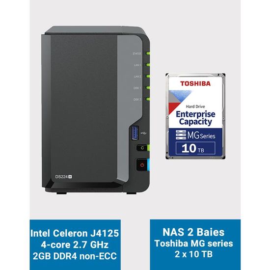 Synology - DS224+/6G/2Y/16T-HAT3300/ASSEMBLE - DS224+ 6Go NAS 16To (2X 8To) HAT3300, Assemble Et Teste Avec SE DSM Installe - Informatique