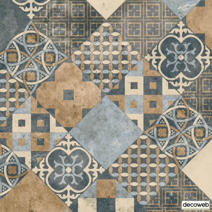 Sol PVC Sous Couche Textile - Carreaux Art Déco - Terre de Sienne et Bleu Gris (2x4=8m²)