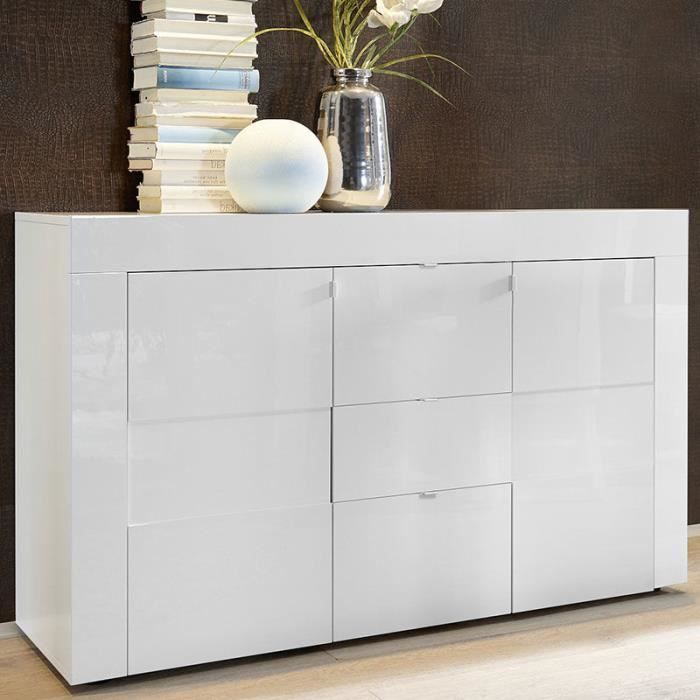 Buffet design 2 portes 3 tiroirs blanc laqué TUNIS