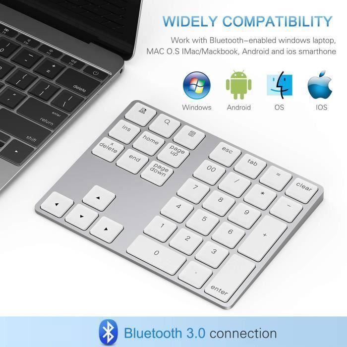 Pavé Numérique sans Fil Bluetooth Rechargeable 34 Touches Extension pour Entrée de Données sur iMac, MacBook Pro, PC etc - Argent
