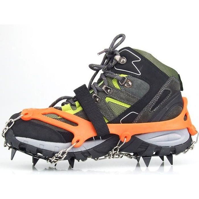 1 paire 12 dents griffes Crampons anti-dérapant chaussures couvrent inox chaîne Outdoor Ski glace neige randonnée Orange