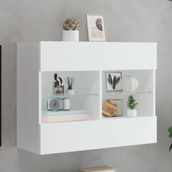 vidaXL Meuble TV avec Lumières LED Armoire de Télévision Murale avec Étagères Meuble Télé Suspendu Salon Moderne Blanc 837099