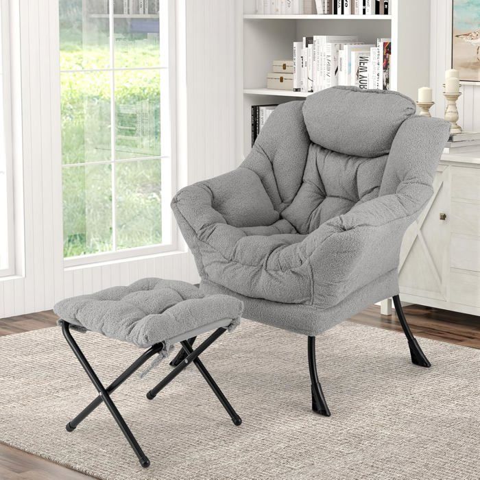 Fauteuil Relax COSTWAY-Repose-pied Pliable-Coussin de Tête-Siège Souple-Accoudoirs-Poche Stockage-Cadre en Métal-Charge 150 kg-Gris
