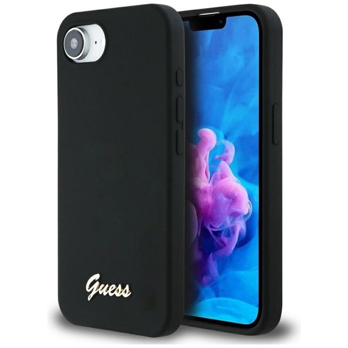 Coque pour iPhone 16e Guess Silicone Script Metal Logo GUHMPSE4SMBSLK