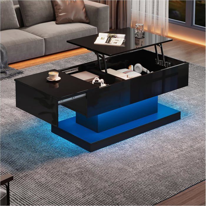 Lemonbest Table basse relevable table de salon avec LED et Espace de Rangement 100x50x45cm Design Coulissant latéralement Noir