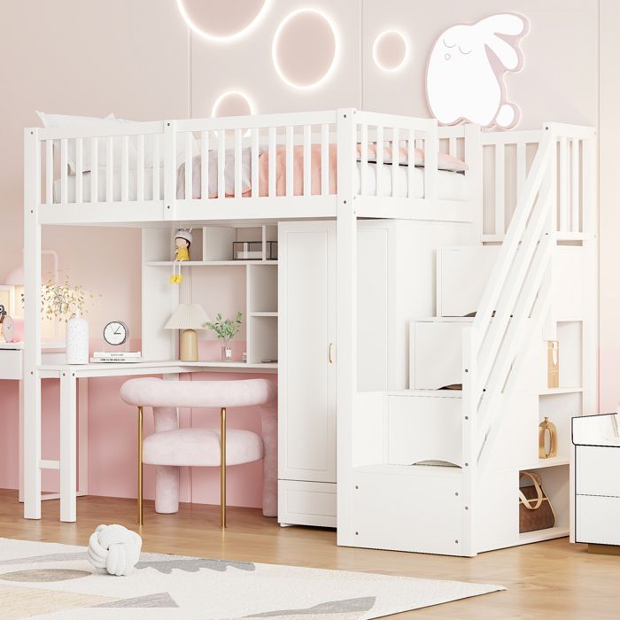 Lit Mezzanine - MERAX - 90x200 cm - Bois Blanc - Bureau et Rangement Intégré - 1 Place Lit Mezzanine - MERAX - 90x200 cm - Bois Blanc - Bureau et Rangement Intégré - 1 Place