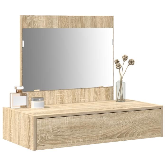 Coiffeuse murale - vidaxl - Chêne de Sonoma - 83x40x70 cm - Tiroir intégré - Miroir plat - Bois dingénierie