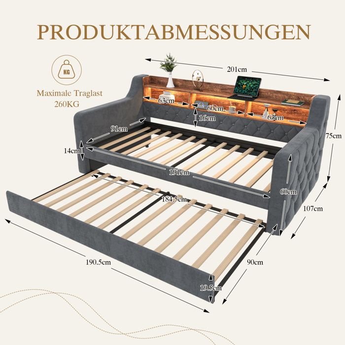 Canapé-lit en velours - 90x190 cm - Rangement intégré - Éclairage LED dambiance - Port USB-C - 12 lattes