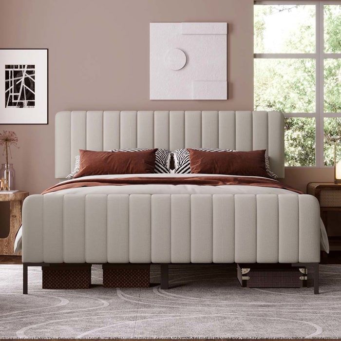 Lit double rembourré - 160 x 200 cm - Sommier à lattes inclus - Tête de lit réglable - Beige