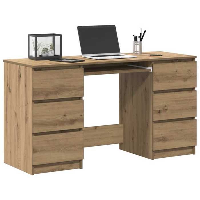 Bureau chêne artisanal - CLARENCE - 140x50x77 cm - Bois dingénierie - 6 tiroirs - Grand espace de rangement