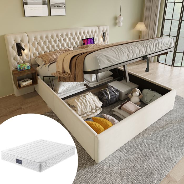 Lit coffre 160 x 200 cm rétro avec 2 tables de chevet éclairage lecture USB Type C velours beige Avec matelas