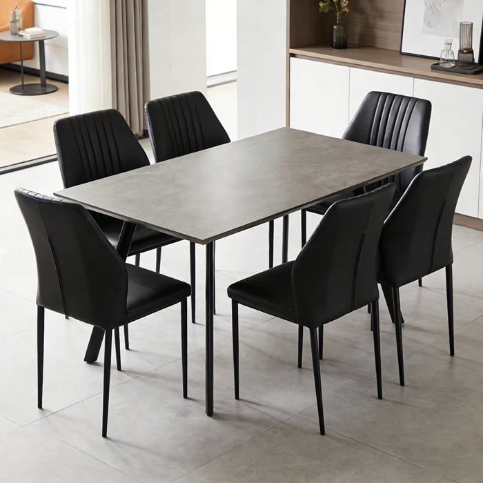 JIEXI Ensemble table et chaises de salle à manger effet béton gris avec 6 chaises en cuir synthétique Noir