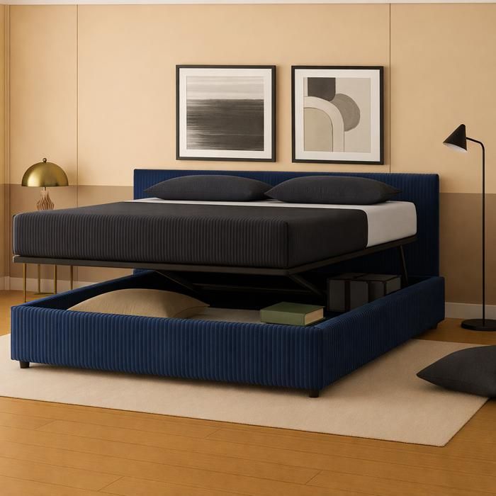 Lit coffre - SAMPUR - 90x190 - Velours côtelé bleu nuit - Tête de lit incluse - Ouverture latérale ergonomique