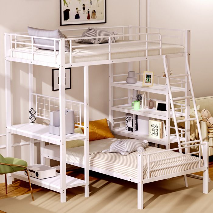 Lit superposé mezzanine en métal blanc avec rangements intégrés 90 x 200 cm