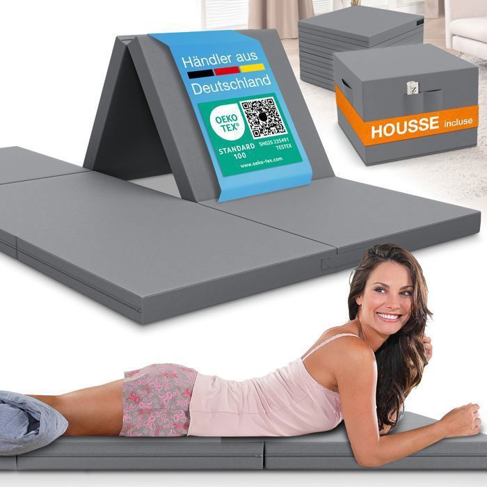 Matelas pliant ELONEO 160 × 200 cm épaisseur 8 cm lit d’appoint ou de voyage pliable en cube housse amovible et lavable gris