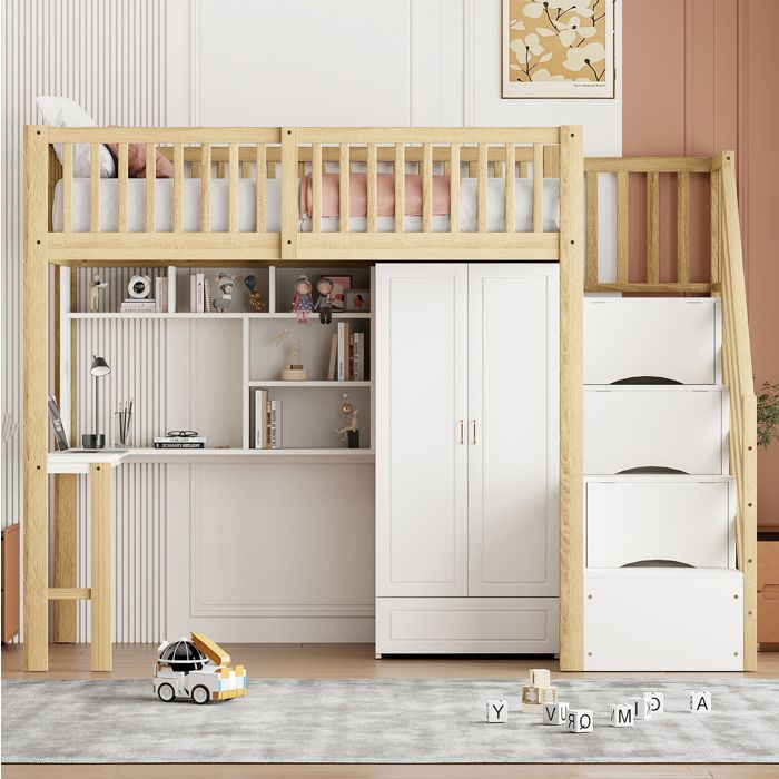 Lit mezzanine 90 x 200 cm en bois massif avec armoire bureau et rangements