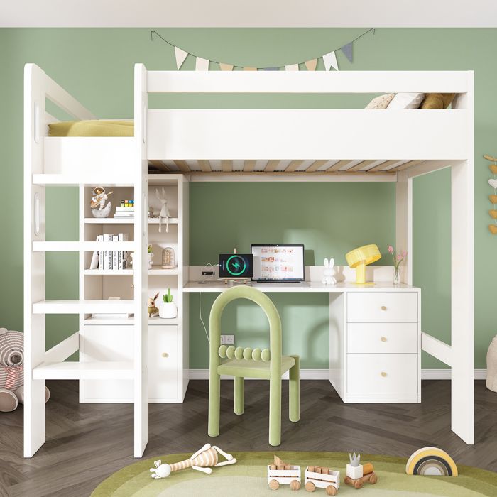Lit enfant - KOMHTOM - 90x200 - Bureau USB-C - Armoire 3 tiroirs - Échelle sécurité EN747