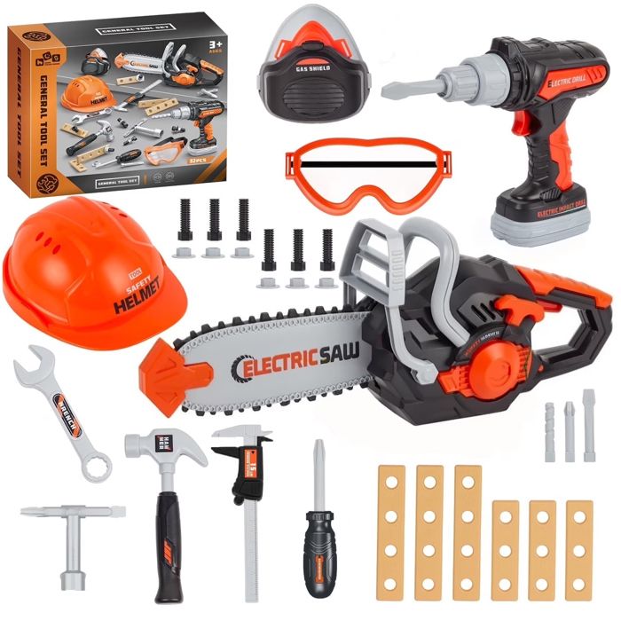 Boîte à Outils Enfant 32pcs avec Perceuse électrique Tronçonneuse Cadeau Caisse A Outil Enfants Garçon Fille