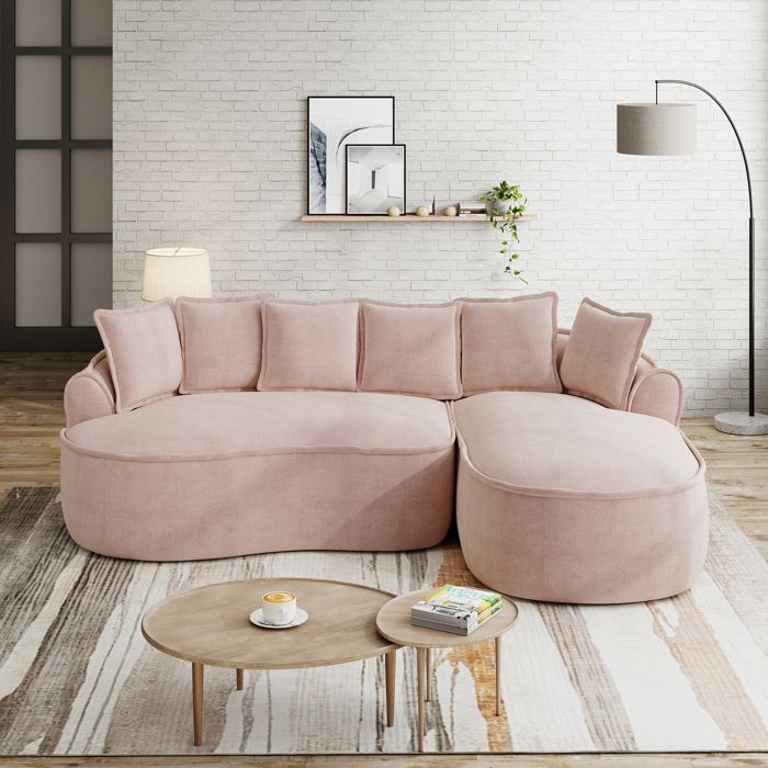 Canapé dangle 3 places en chenille rose sans montage assise profonde 122 cm avec coussins